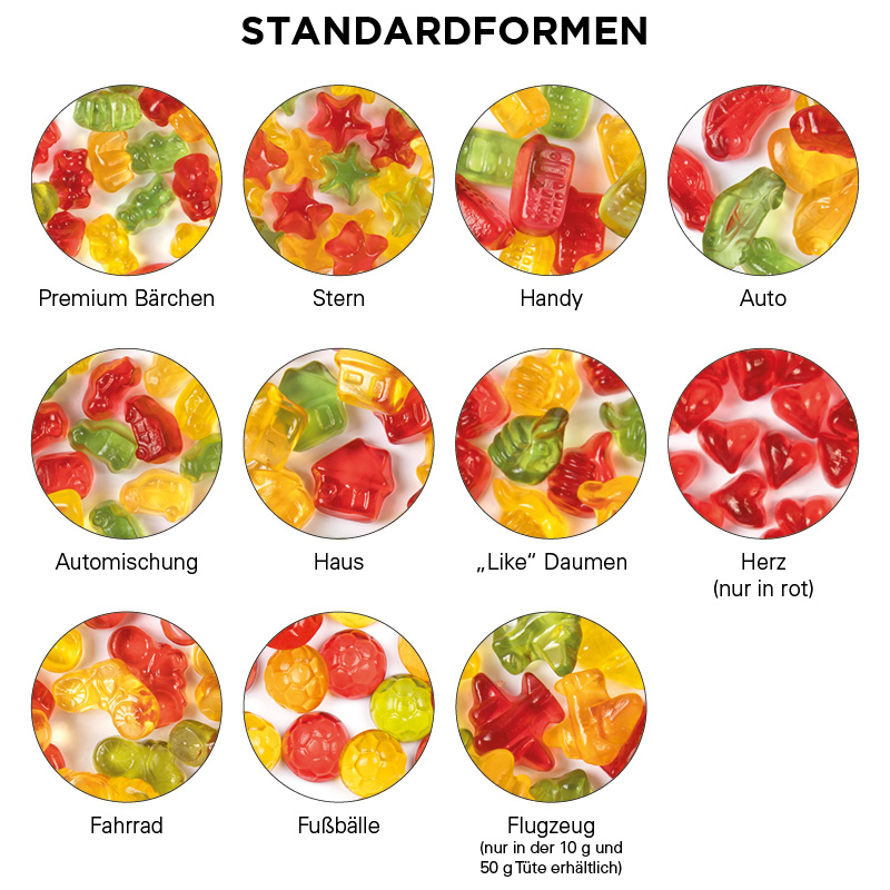 Minitüte 10 g, Tüte aus Standard-Folie, oder Folie mit ca. 50% Papieranteil, Trolli Fruchtgummi Standardformen