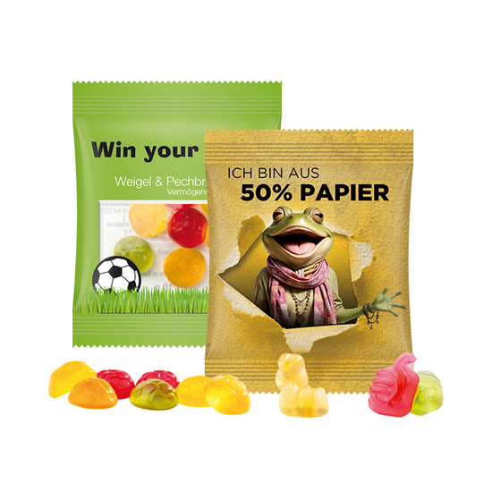 Minitüte 10 g, Tüte aus Standard-Folie, oder Folie mit ca. 50% Papieranteil, Trolli Fruchtgummi Standardformen