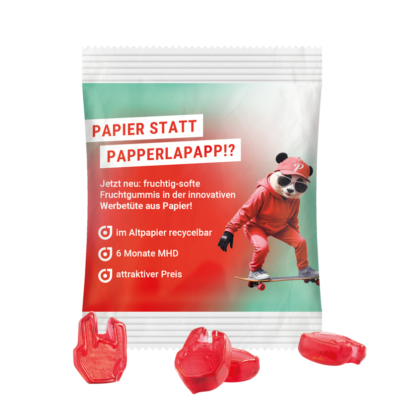 Minitüte Sonderform, 15 g, recyclingfähiges Papier, weiß, Fruchtgummi , 10 % Fruchtsaftanteil