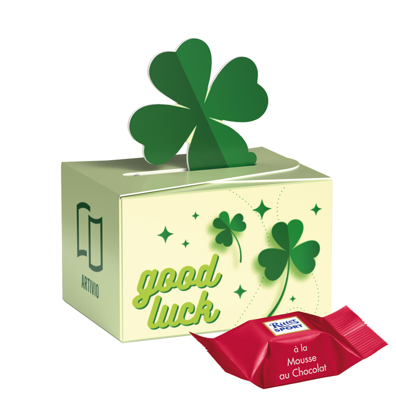 Geschenkbox Mini Kleeblatt, Ritter SPORT Schokowürfel Mousse au Chocolate