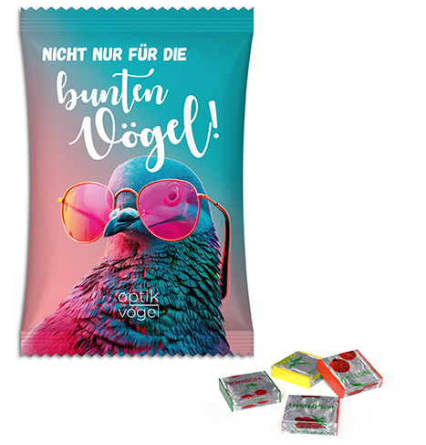 Fruchtkaramellen im Werbetütchen 50 g  weiße kompostierbare Folie