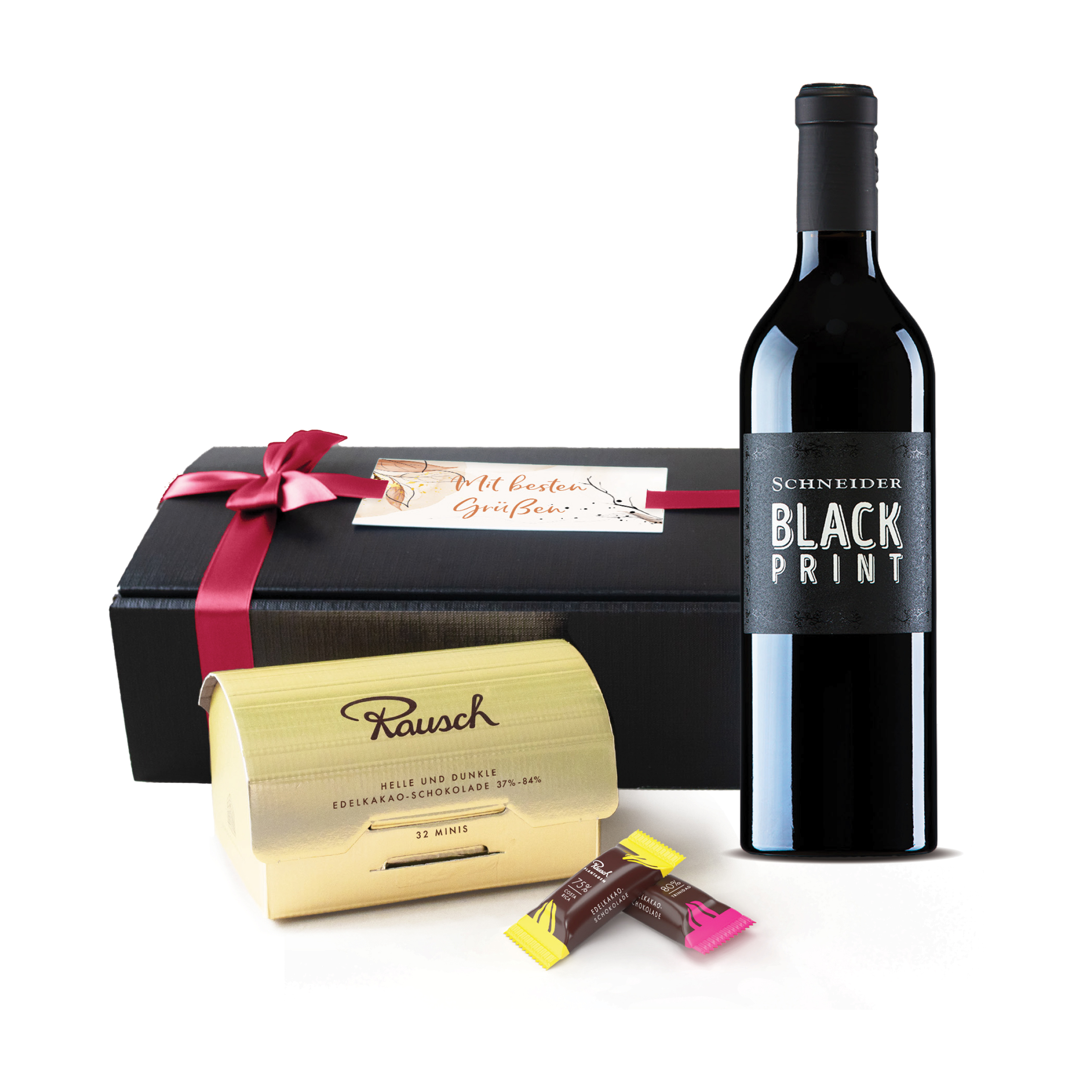 Geschenkset "Goldrausch" 214 g  Blau 32 "Rausch Plantagen" Minis & Kaitui  0,75l Wein