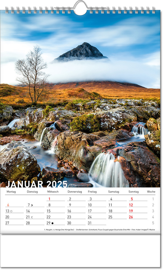 Kalender "Reiseziele" im Format 24 x 38,5 cm, mit Wire-O Bindung und verlängerter Rückwand