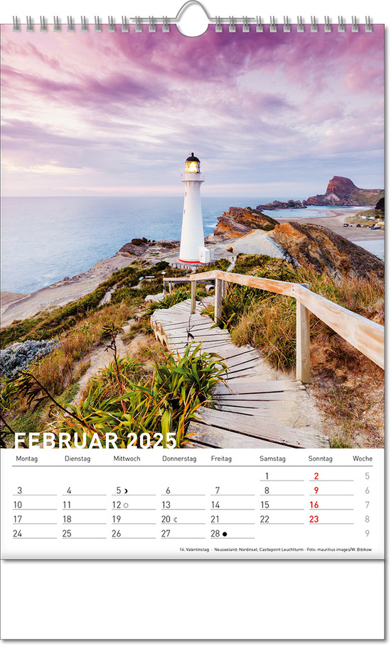 Kalender "Reiseziele" im Format 24 x 38,5 cm, mit Wire-O Bindung und verlängerter Rückwand