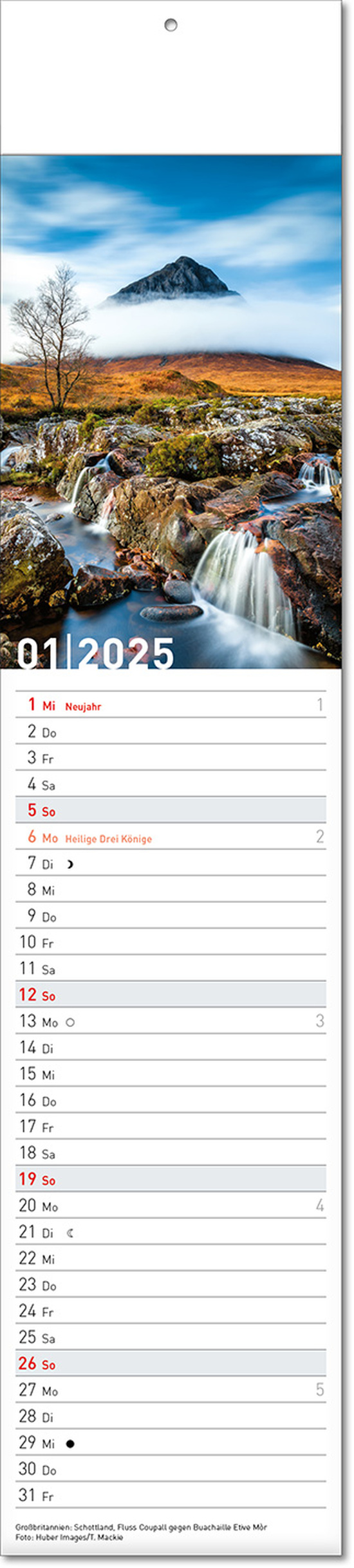 Kalender "Reiseziele" im Format 11 x 50 cm, mit Fälzel