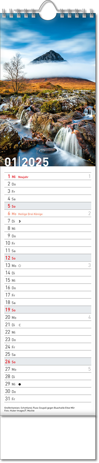 Kalender "Reiseziele" im Format 11 x 51 cm, mit Wire-O-Bindung und verlängerter Rückwand