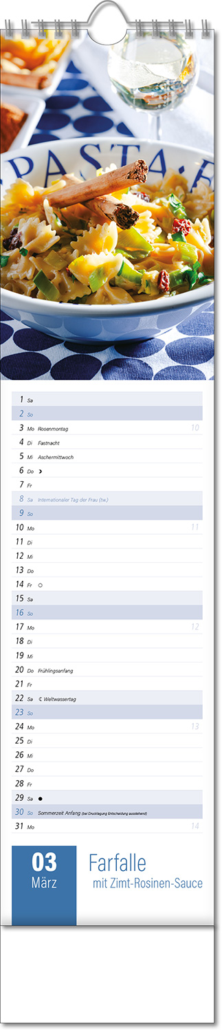 Kalender "Aromaküche" im Format 11 x 51 cm, mit Wire-O-Bindung und verlängerter Rückwand