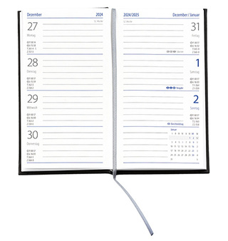 Taschenkalender "Klassik" im Format 8,7 x 15,3 cm, deutsches Kalendarium Grau/Blau mit Leseband, 128 Seiten Fadenheftung, Einband Slinky bordeaux