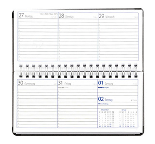 Taschenkalender "Horizontal" im Format 17 x 8 cm, deutsches Kalendarium Grau/Blau, 144 Seiten, Wire-O-Bindung, Eckenperforation, Deckelpaar Balacron dunkelblau