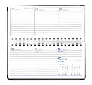 Taschenkalender "Horizontal" im Format 17 x 8 cm, deutsches Kalendarium Grau/Blau, 144 Seiten, Wire-O-Bindung, Eckenperforation, Deckelpaar Magic hellbraun
