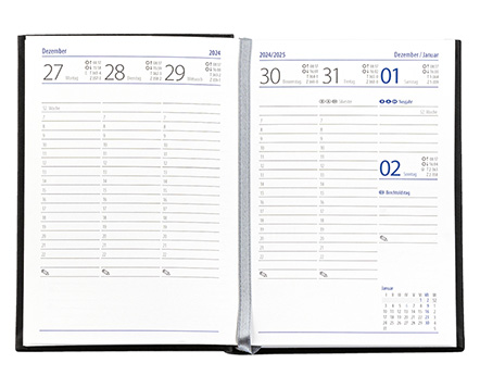 Taschenkalender "Taschenbuch Woche" im Format 10,5 x 14,8 cm, deutsches Kalendarium Grau/Blau mit Leseband, 144 Seiten Fadenheftung, Einband Slinky bordeaux