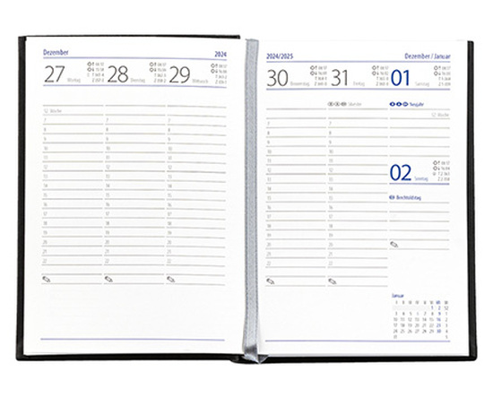 Taschenkalender "Taschenbuch Woche" im Format 10,5 x 14,8 cm, deutsches Kalendarium Grau/Blau mit Leseband, 144 Seiten Fadenheftung, Einband Slinky bordeaux