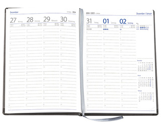 Wochenkalender "Klassik D" im Format 14,5 x 20,5 cm, deutsches Kalendarium Grau/Blau mit Leseband, 144 Seiten Fadenheftung, Eckenperforation, Einband Slinky rot