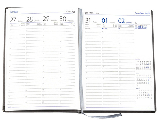 Wochenkalender "Klassik D" im Format 14,5 x 20,5 cm, deutsches Kalendarium Grau/Blau mit Leseband, 144 Seiten Fadenheftung, Eckenperforation, Einband Slinky rot
