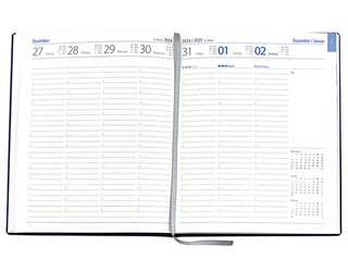 Wochenkalender "Manager D" im Format 21 x 26 cm, deutsches Kalendarium Grau/Blau mit Leseband, 144 Seiten Fadenheftung, Eckenperforation, Einband Balacron schwarz