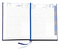 Buchkalender "Daily Chefkalender Register INT" im Format 14,5 x 20,5 cm, Kalendarium 4-sprachig D/F/I/GB Grau/Blau mit 2 Lesebändern und Registerstanzung, 416 Seiten Fadenheftung, Eckenperforation, Einband Magic anthrazit