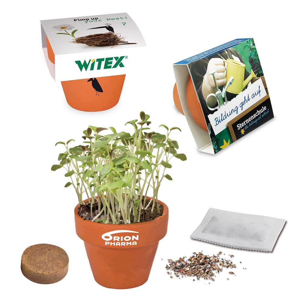 Logo-Töpfchen Banderole mit Samen - Ringelblume