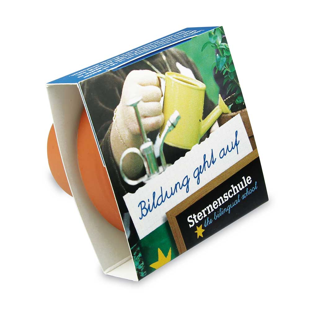 Logo-Töpfchen Banderole mit Samen - Sonnenblume