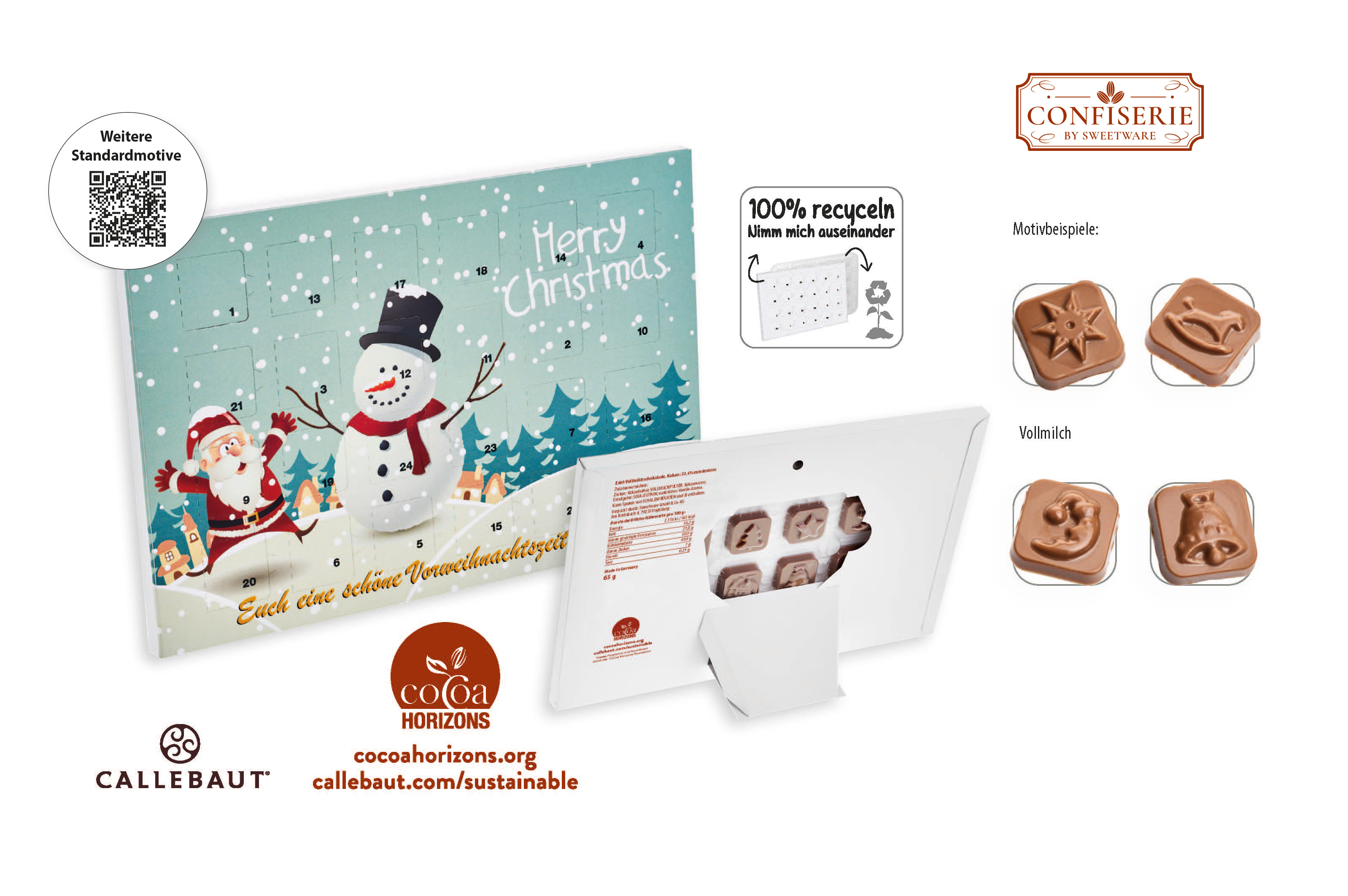 Tisch Adventskalender Standardmotiv, Inhalt: Callebaut Vollmilch Schokolade Kalender ca. 60 g