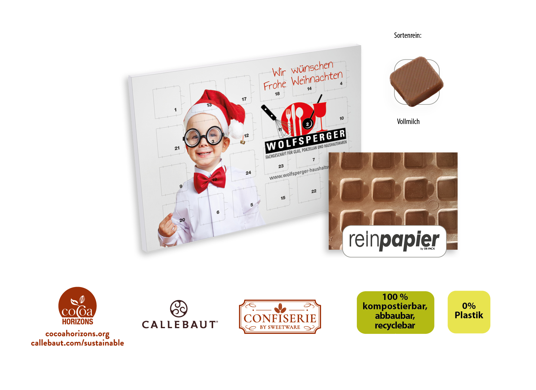 Tisch Adventskalender aus Reinpapier individuell bedruckt, Inhalt: Callebaut Vollmilch Schokolade Kalender ca. 48 g