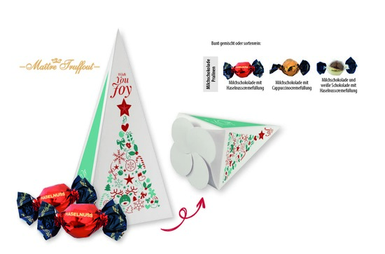 Weihnachtspralinés in Motivkartonage "Tannenbaum", 8 Stück Pralinen Milchschokolade mit Haselnusscremefüllung