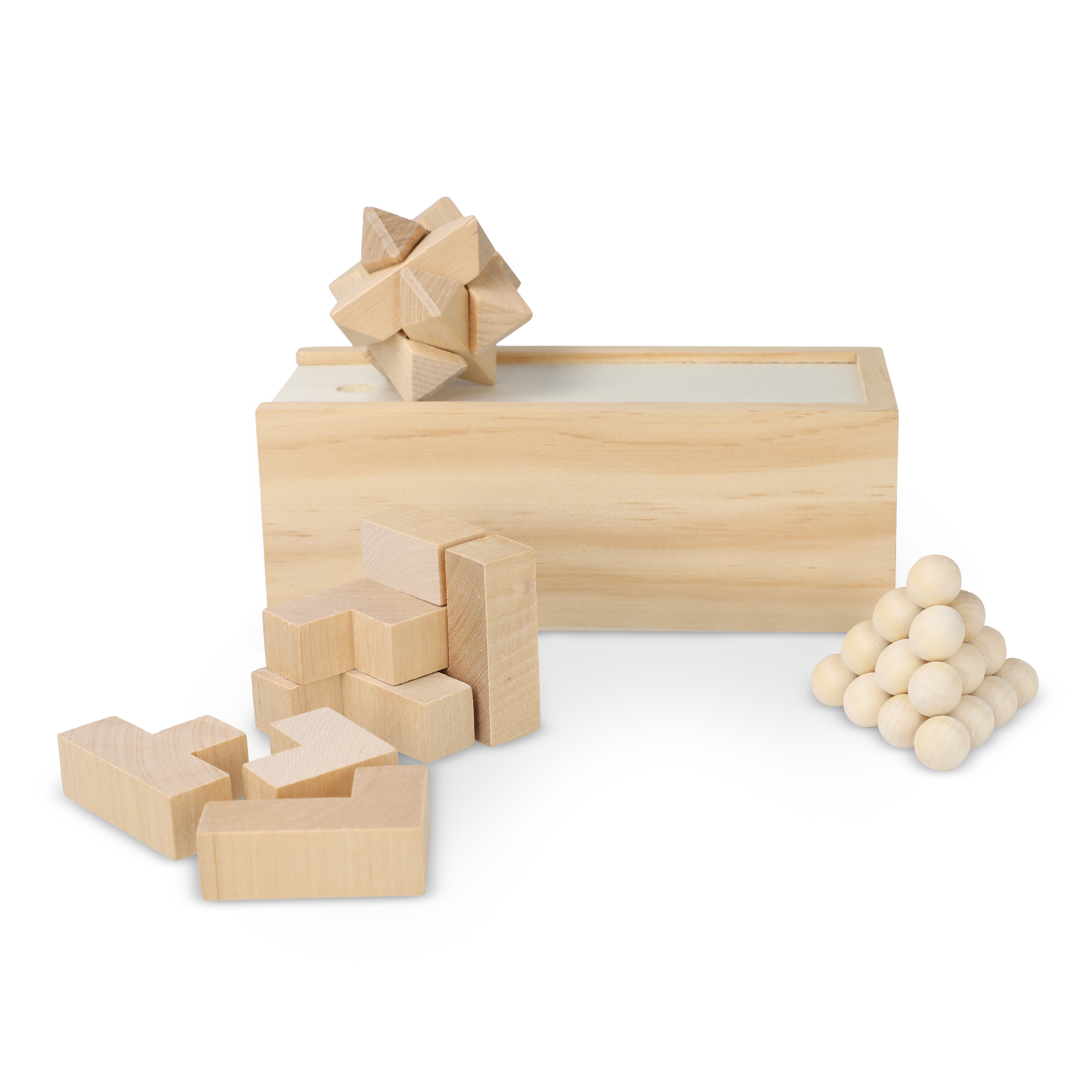 Dieses nachhaltige Set enthält drei spannende Denkspiele: ein Sternenpuzzle, ein Pyramidenpuzzle und ein 3D-Würfelpuzzle, die alle aus FSC-Holz gefertigt sind. Sie sind in einer FSC-Holzbox